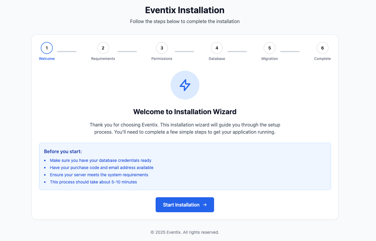 Eventix Installation Welcome Screen